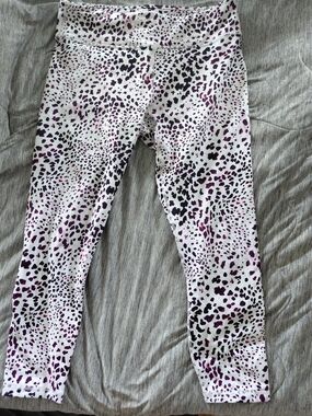 Fabletics White Leggings with Purple and Black Leopard Spots